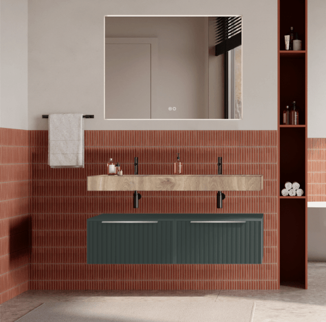 Set mobilier baie suspendat verde italia, riflaje Cannetatto, lavoar imitatie lemn și oglinda, manere otel inoxidabil, 120 cm, SaviniDue Iconica