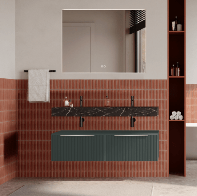 Set mobilier baie suspendat verde italia, riflaje Cannetatto, lavoar negru și oglinda, manere otel inoxidabil, 120 cm, SaviniDue Iconica