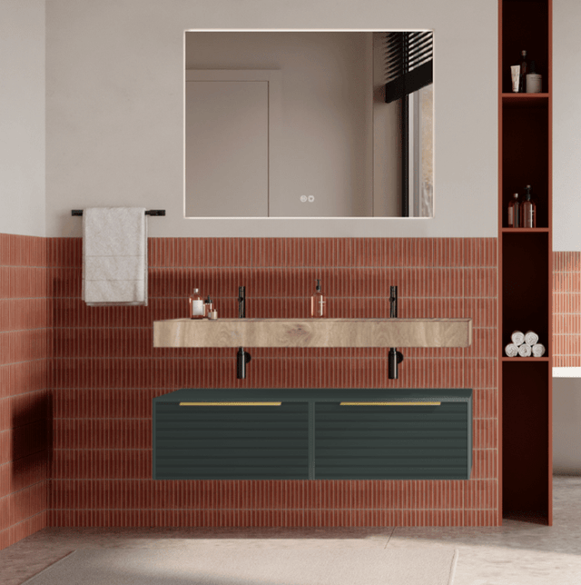 Set mobilier baie suspendat verde italia, riflaje Dogato, lavoar imitatie lemn și oglinda, manere aurii, 120 cm, SaviniDue Iconica