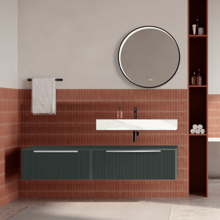 Set mobilier baie suspendat verde italia, riflaje Plissetatto, lavoar alb si oglinda rotunda, manere crom, 140 cm, SaviniDue Iconica