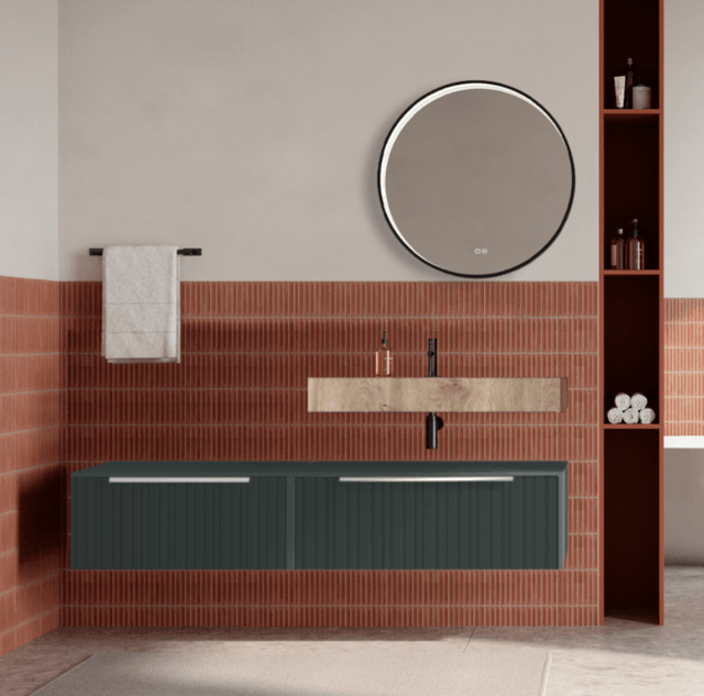 Set mobilier baie suspendat verde italia, riflaje Plissetatto, lavoar imitatie lemn si oglinda rotunda, manere crom, 140 cm, SaviniDue Iconica