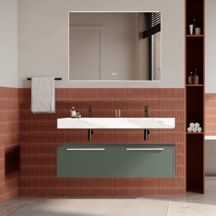 Set mobilier baie suspendat verde salvie, lavoar alb si oglinda, manere albe, 120 cm, SaviniDue Iconica