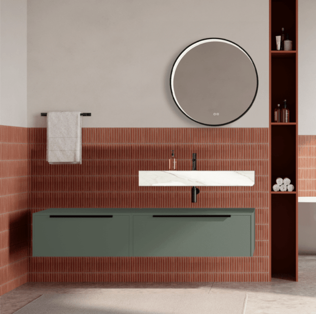Set mobilier baie suspendat verde salvie, lavoar alb si oglinda rotunda, manere negre, 140 cm, SaviniDue Iconica