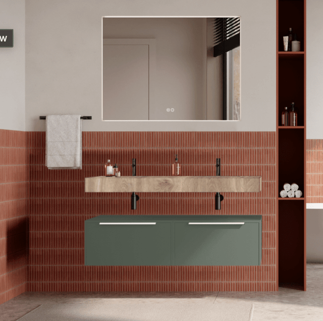 Set mobilier baie suspendat verde salvie, lavoar imitatie lemn si oglinda, manere albe, 120 cm, SaviniDue Iconica