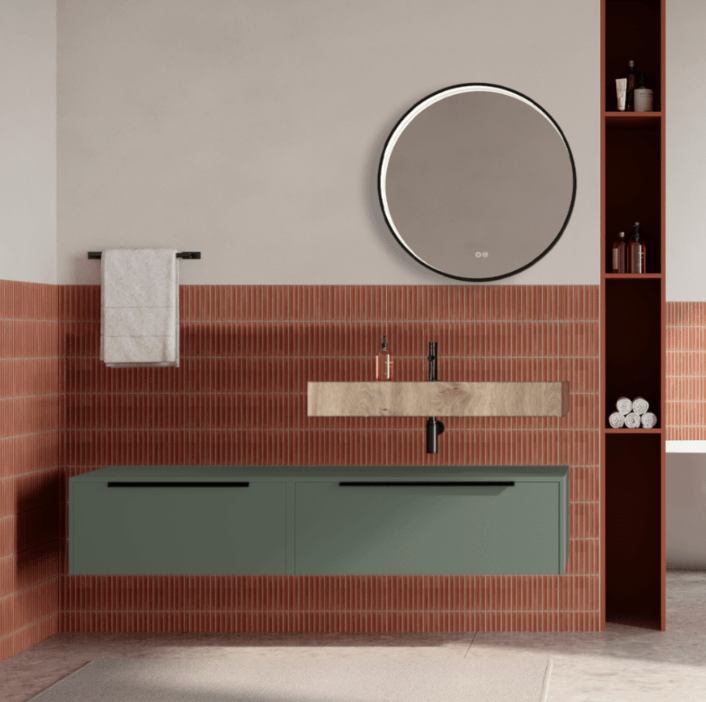 Set mobilier baie suspendat verde salvie, lavoar imitatie lemn si oglinda rotunda, manere negre, 140 cm, SaviniDue Iconica