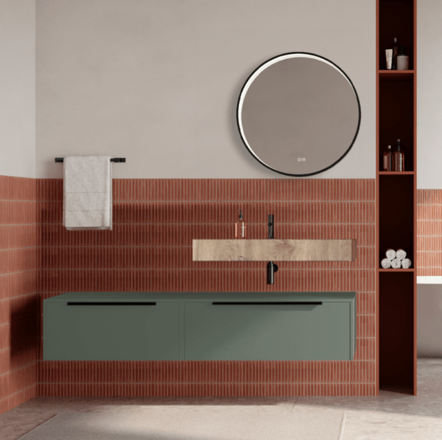 Set mobilier baie suspendat verde salvie, lavoar imitatie lemn si oglinda rotunda, manere negre, 140 cm, SaviniDue Iconica