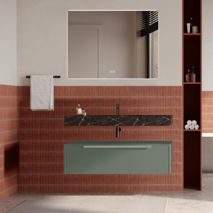 Set mobilier baie suspendat verde salvie, lavoar negru și oglinda, manere otel inoxidabil, 100 cm, SaviniDue Iconica