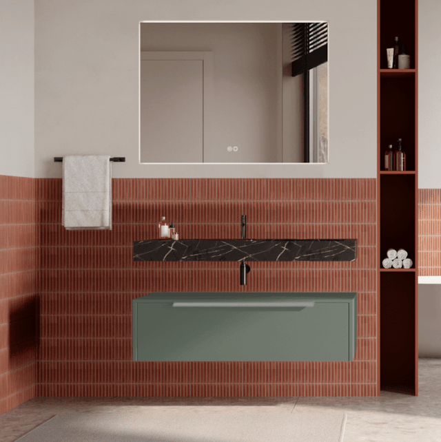 Set mobilier baie suspendat verde salvie, lavoar negru și oglinda, manere otel inoxidabil, 100 cm, SaviniDue Iconica