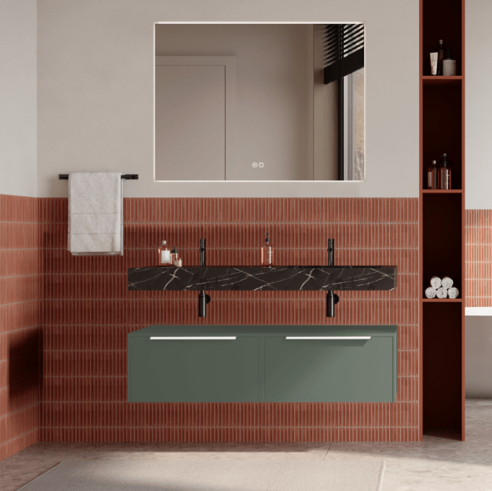 Set mobilier baie suspendat verde salvie, lavoar negru si oglinda, manere albe, 120 cm, SaviniDue Iconica