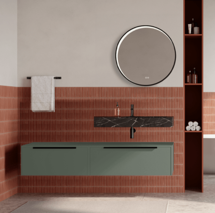 Set mobilier baie suspendat verde salvie, lavoar negru si oglinda rotunda, manere negre, 140 cm, SaviniDue Iconica
