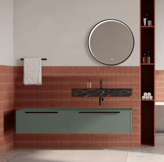 Set mobilier baie suspendat verde salvie, lavoar negru si oglinda rotunda, manere negre, 140 cm, SaviniDue Iconica