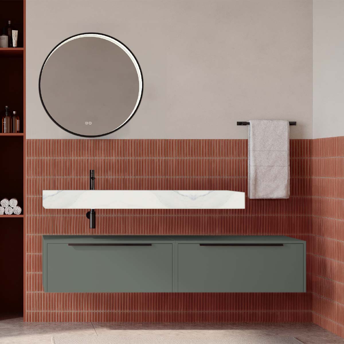 Set mobilier baie suspendat verde salvie mat cu lavoar imitație marmură alba și oglindă, 160 cm, SaviniDue Iconica