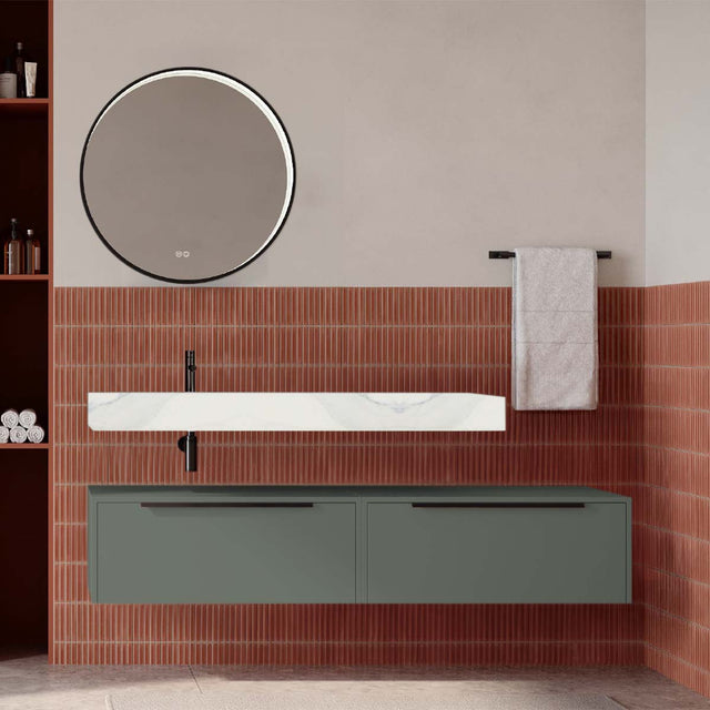 Set mobilier baie suspendat verde salvie mat cu lavoar imitație marmură alba și oglindă, 160 cm, SaviniDue Iconica