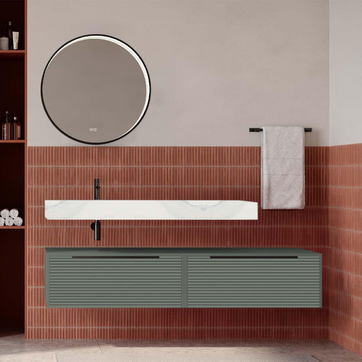Set mobilier baie suspendat verde salvie mat cu lavoar imitație marmura alba și oglindă, cu riflaje Dogato, 160 cm, SaviniDue Iconica