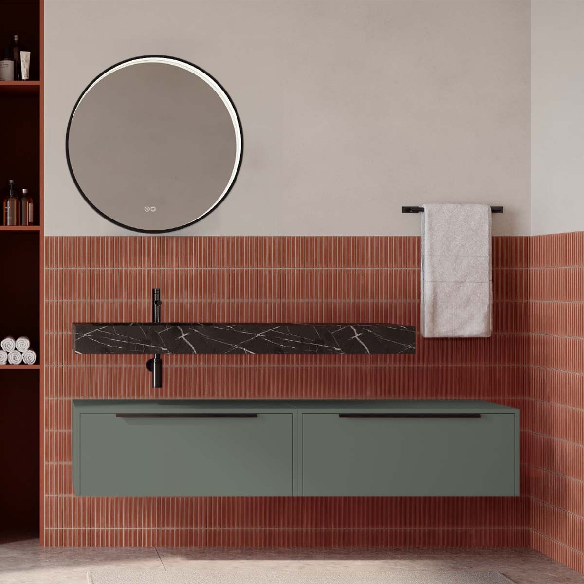 Set mobilier baie suspendat verde salvie mat cu lavoar imitație marmura neagra și oglindă, 160 cm, SaviniDue Iconica