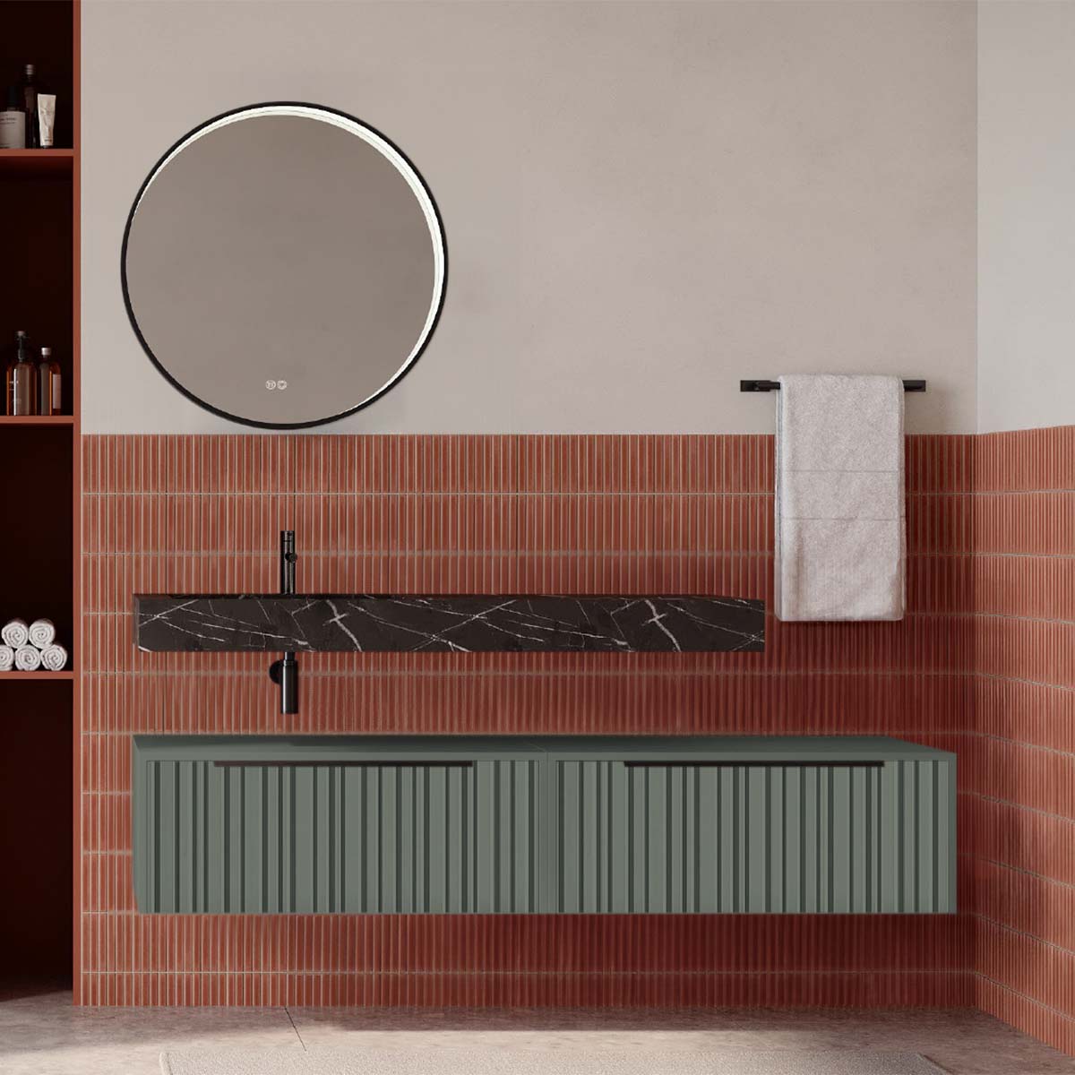 Set mobilier baie suspendat verde salvie mat cu lavoar imitație marmura neagra și oglindă, cu riflaje Plissetatto, 160 cm, SaviniDue Iconica