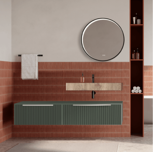 Set mobilier baie suspendat verde salvie, riflaje Cannetatto, lavoar imitatie lemn si oglinda rotunda, manere crom, 140 cm, SaviniDue Iconica
