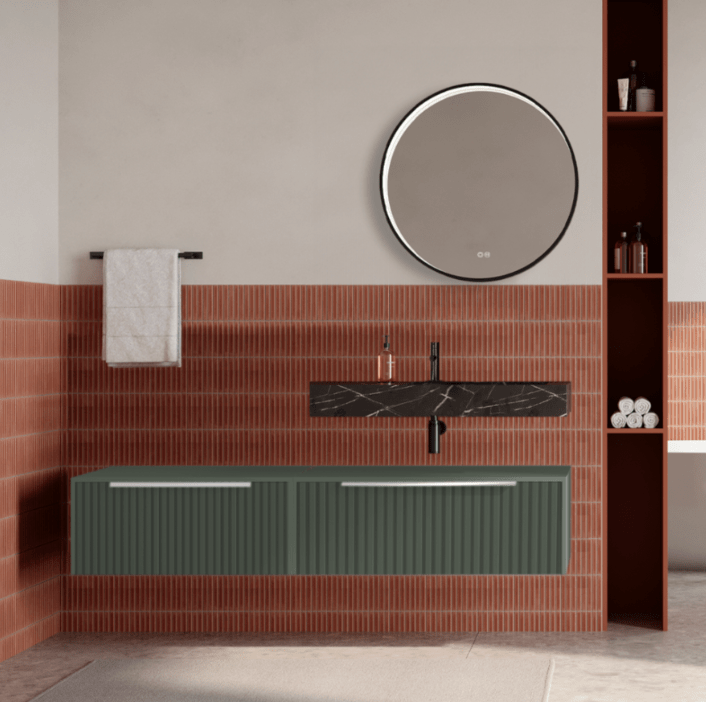 Set mobilier baie suspendat verde salvie, riflaje Cannetatto, lavoar negru si oglinda rotunda, manere crom, 140 cm, SaviniDue Iconica