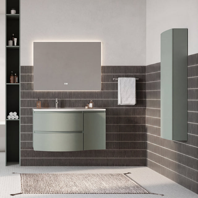 Set mobilier baie verde salvie mat, coloana suspendata, lavoar alb lucios si oglinda, 105 cm, SaviniDue Armonia