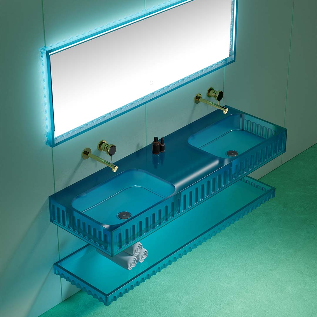 Set mobilier cu lavoar dublu pe perete, raft si oglinda, 120 cm, albastru transparent, finisaj mat, MonBlari