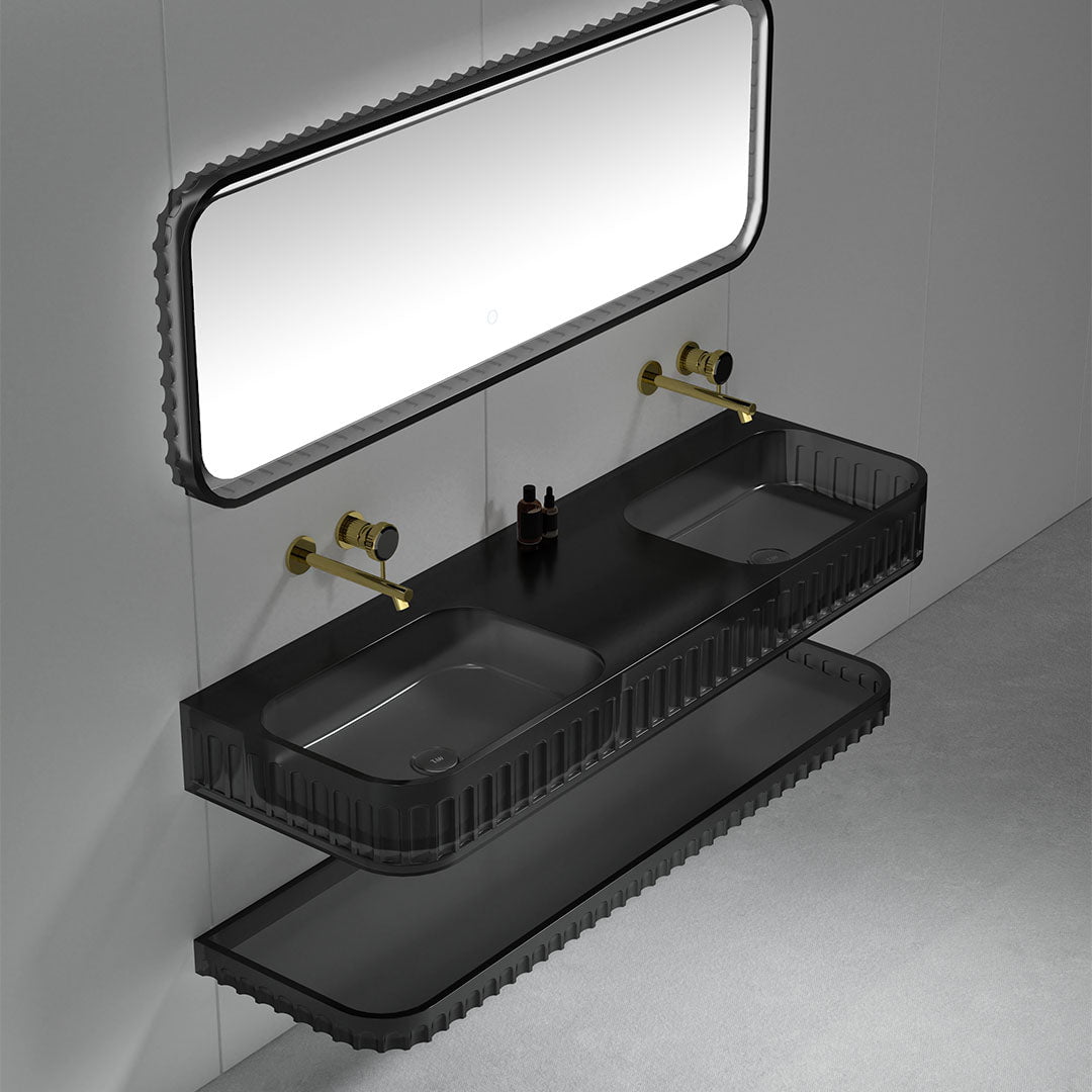Set mobilier cu lavoar dublu pe perete, raft si oglinda, 120 cm, negru transparent, finisaj mat, MonBlari