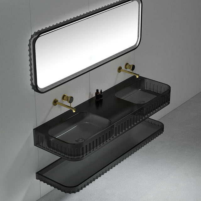 Set mobilier cu lavoar dublu pe perete, raft si oglinda, 120 cm, negru transparent, finisaj mat, MonBlari