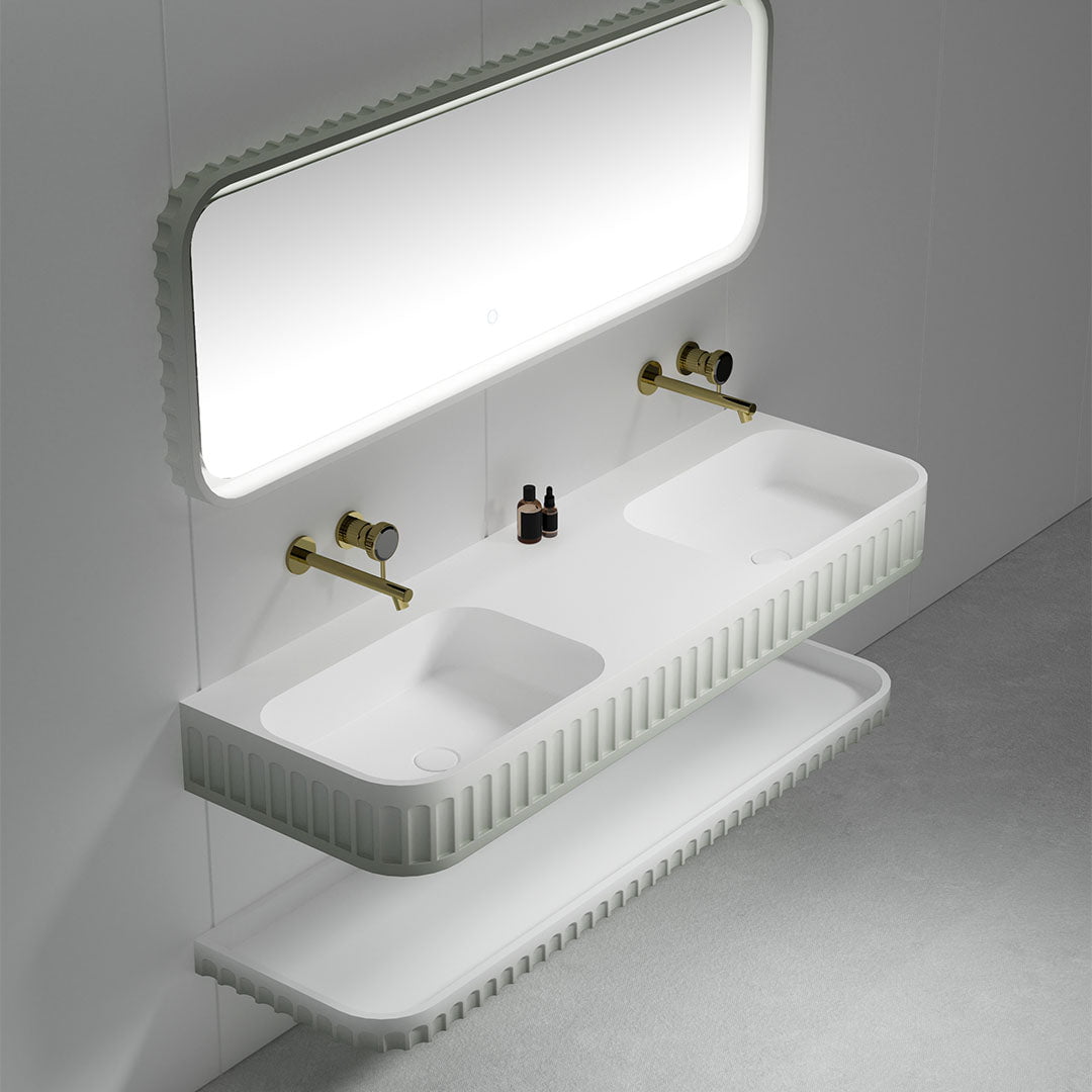 Set mobilier cu lavoar dublu pe perete, raft si oglinda, din compozit, 120 cm, alb, finisaj mat, cu margini rotunjite, MonBlari