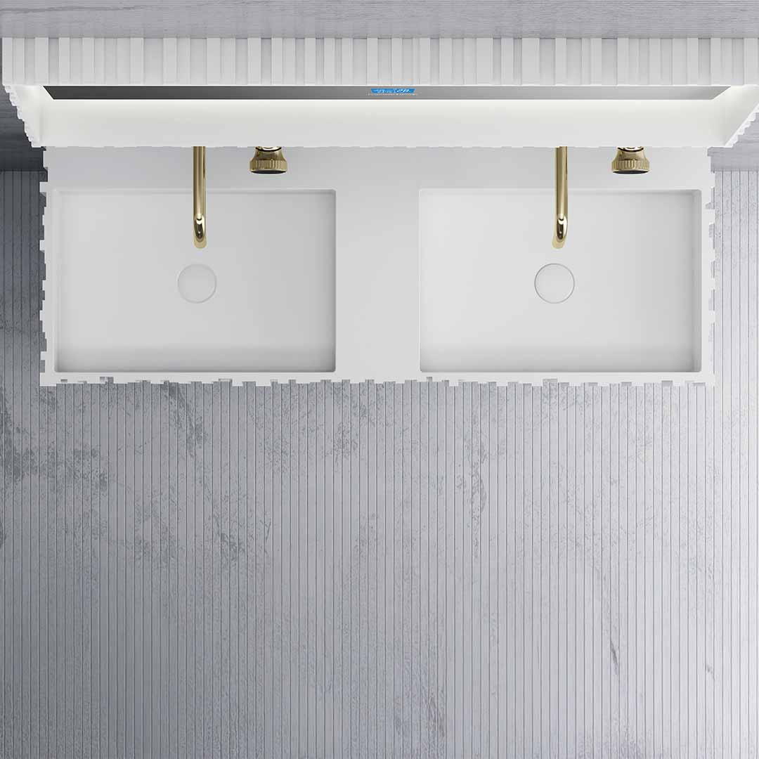 Set mobilier cu lavoar dublu pe perete, raft si oglinda, din compozit, 120 cm, alb mat, cu riflaje, MonBlari