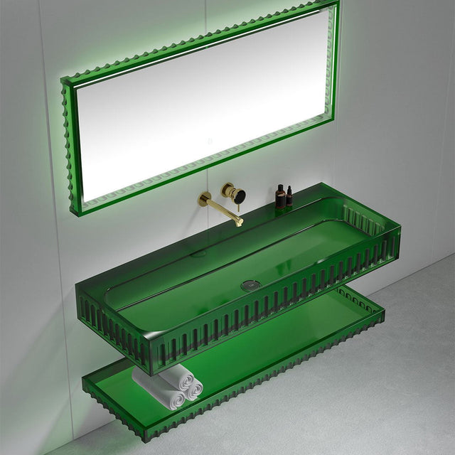 Set mobilier cu lavoar pe perete, raft si oglinda, 100 cm, verde transparent, finisaj mat, MonBlari