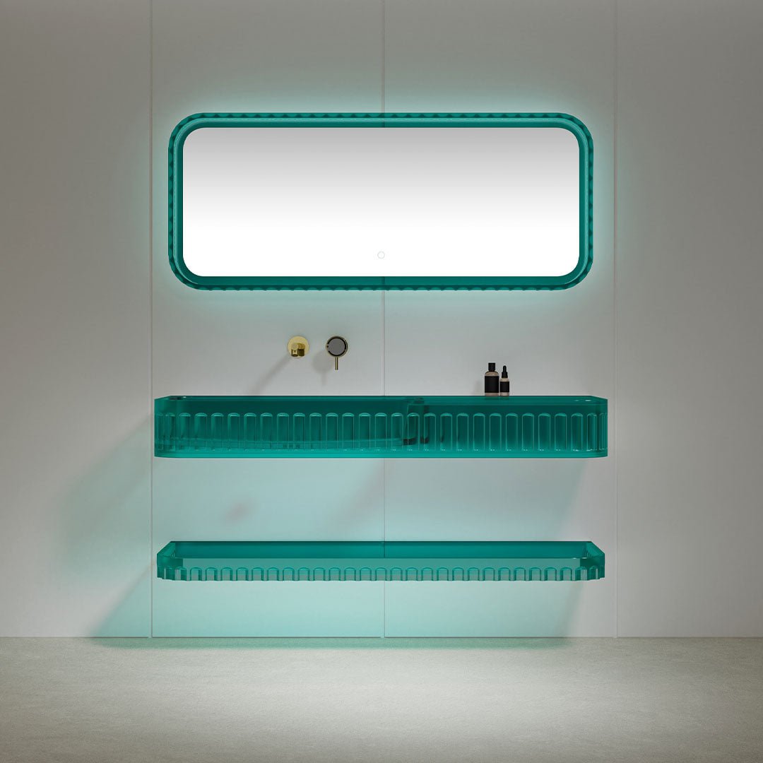Set mobilier cu lavoar pe perete, raft si oglinda, 90 cm, albastru transparent, finisaj mat, MonBlari