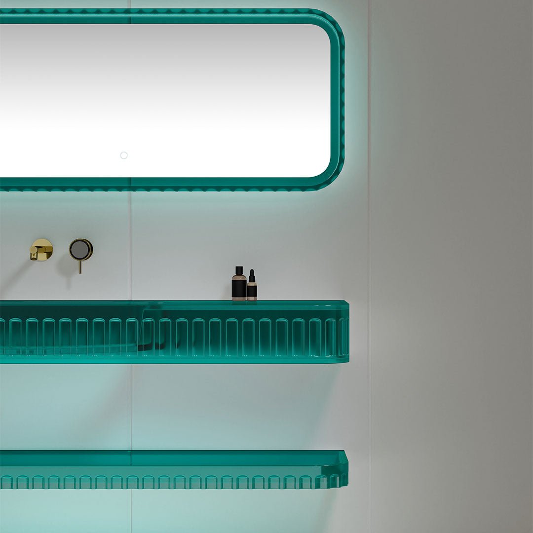 Set mobilier cu lavoar pe perete, raft si oglinda, 90 cm, albastru transparent, finisaj mat, MonBlari