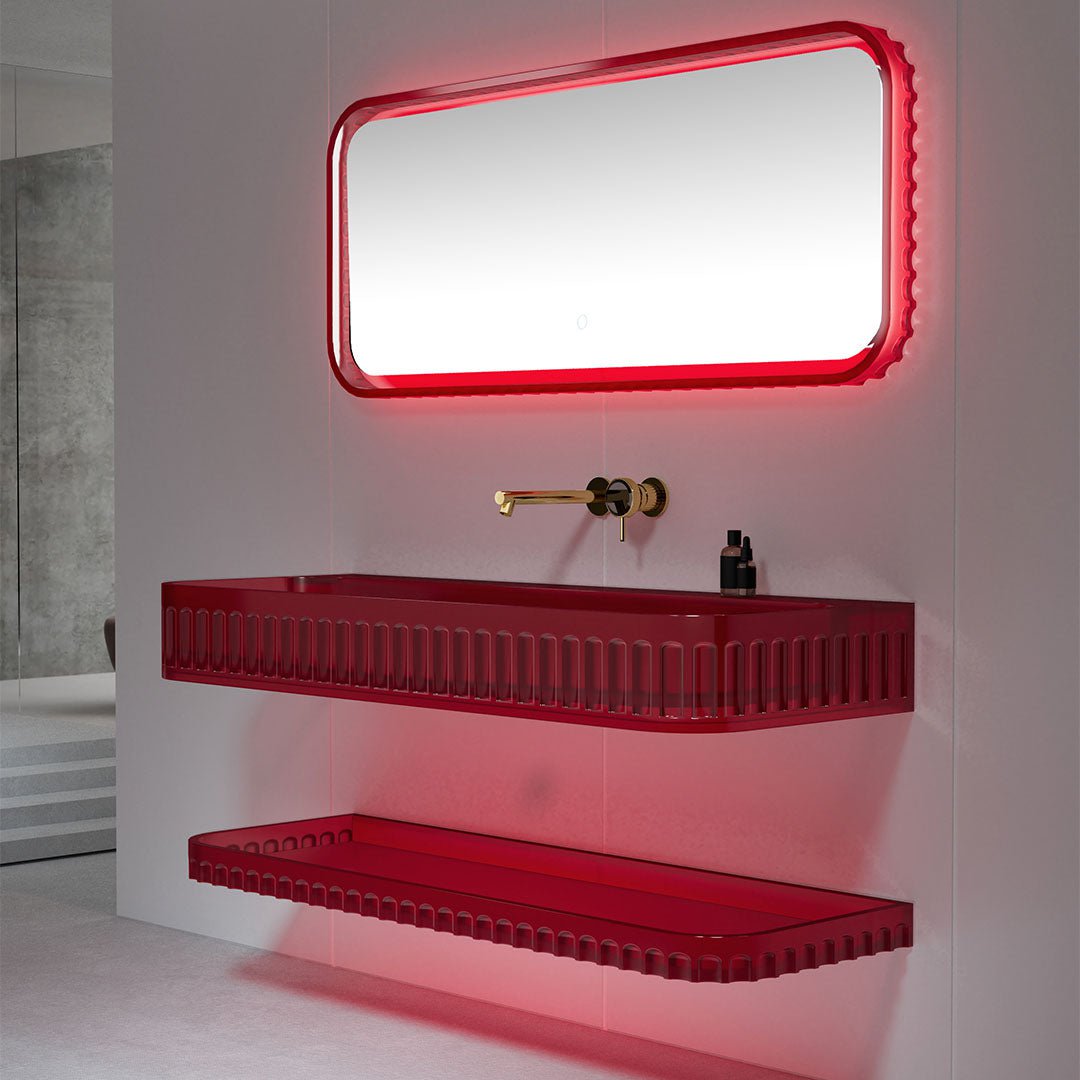 Set mobilier cu lavoar pe perete, raft si oglinda, 90 cm, rosu transparent, finisaj mat, MonBlari
