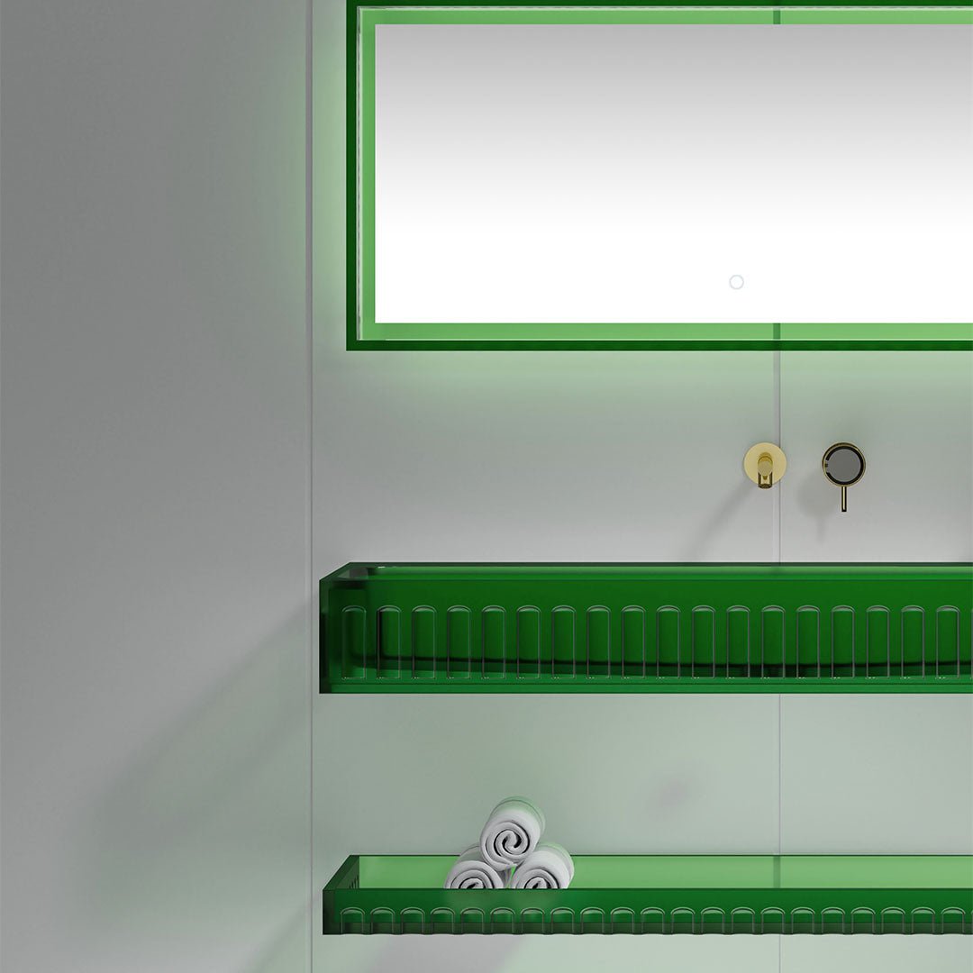 Set mobilier cu lavoar pe perete, raft si oglinda, 90 cm, verde transparent, finisaj mat, MonBlari
