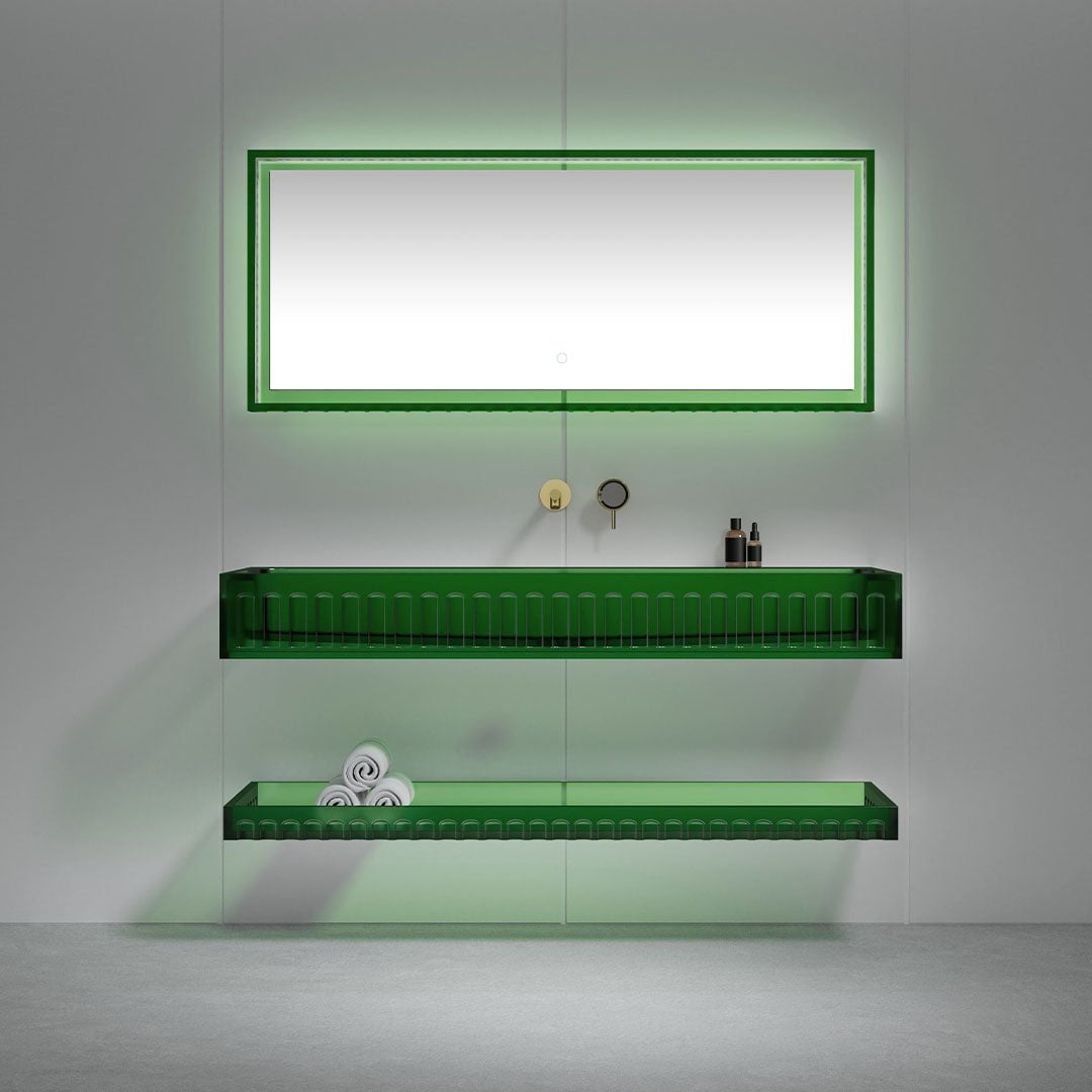 Set mobilier cu lavoar pe perete, raft si oglinda, 90 cm, verde transparent, finisaj mat, MonBlari