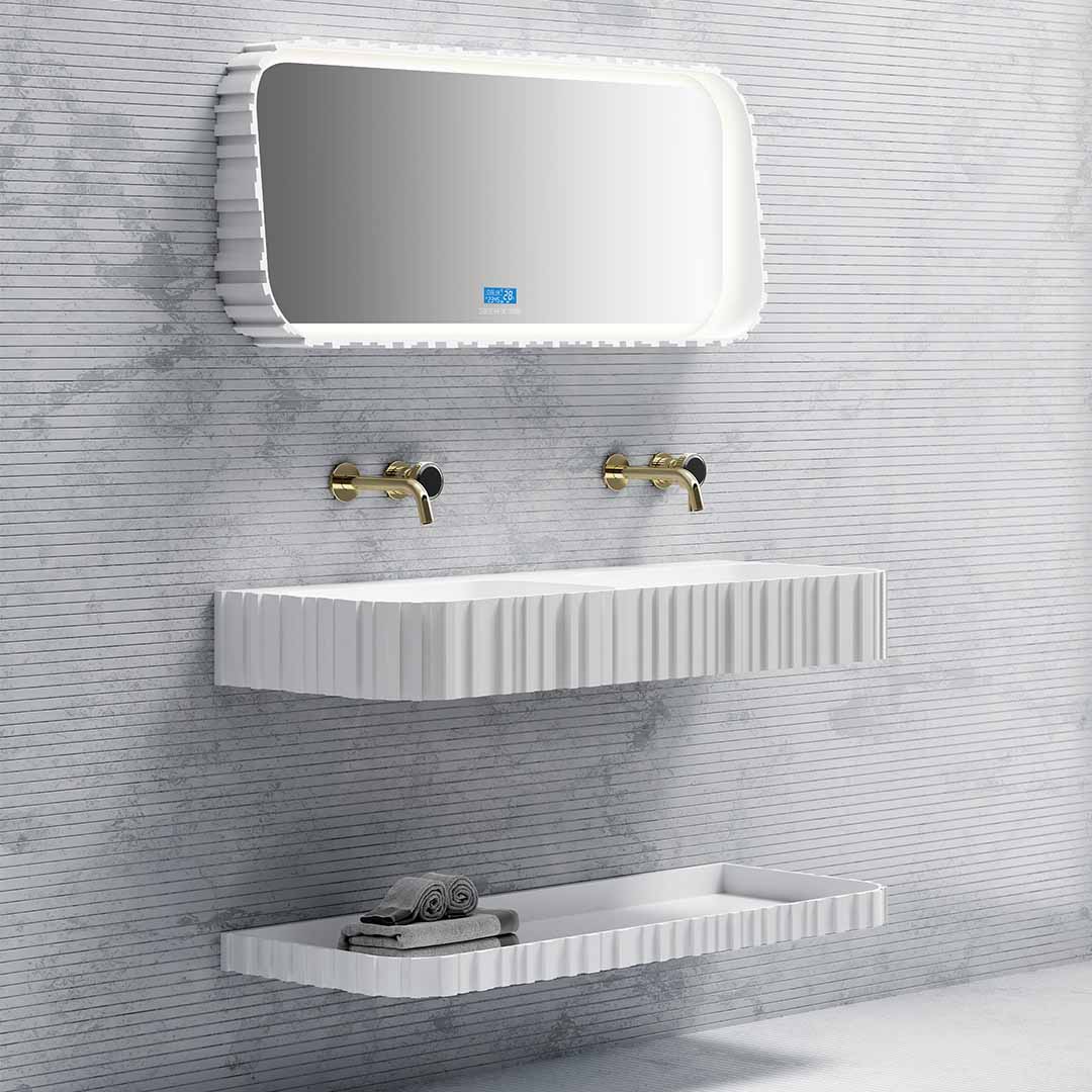 Set mobilier cu lavoar pe perete, raft si oglinda, din compozit, 120 cm, alb, finisaj mat, cu riflaje, MonBlari