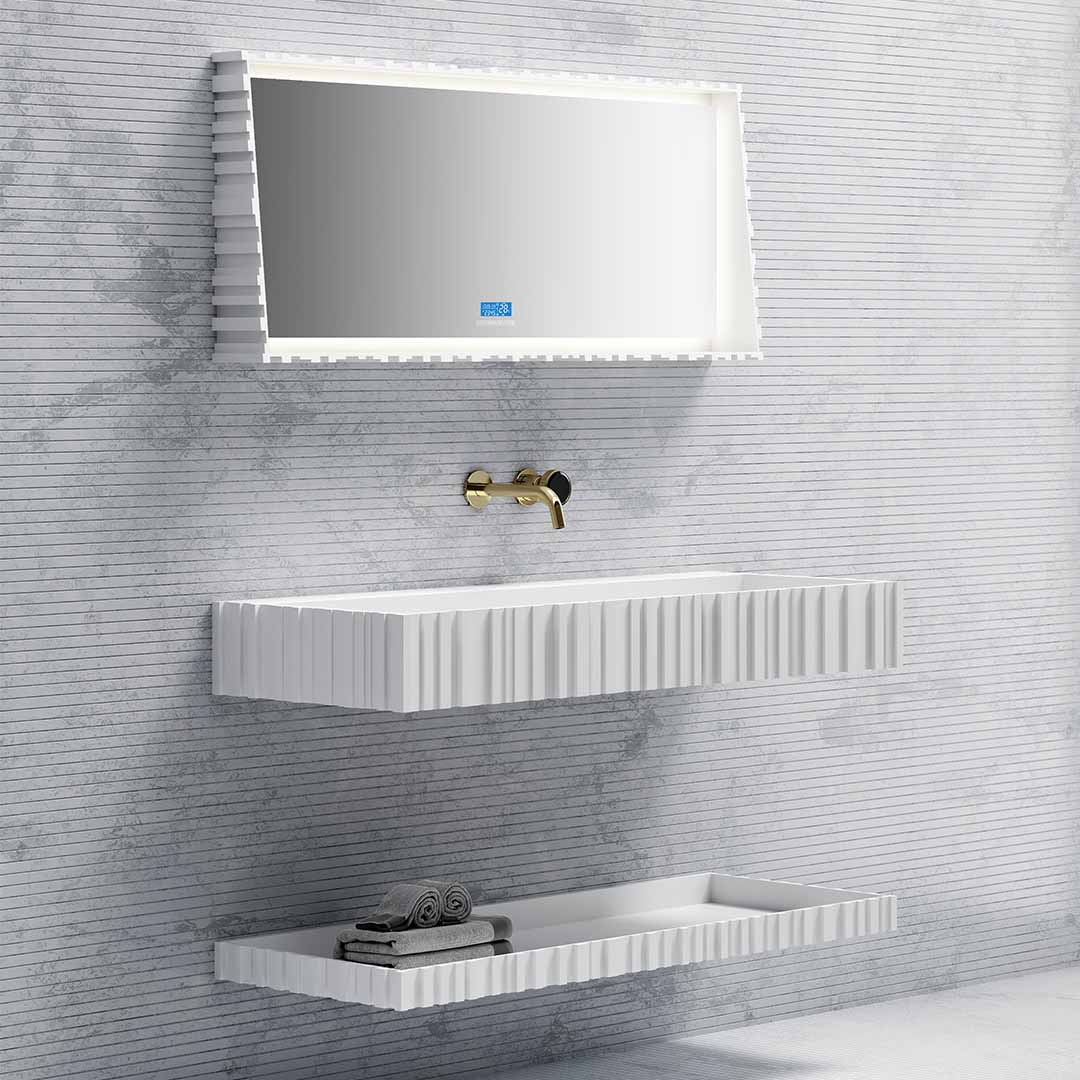 Set mobilier cu lavoar pe perete, raft si oglinda, din compozit, 120 cm, alb mat, cu riflaje, MonBlari