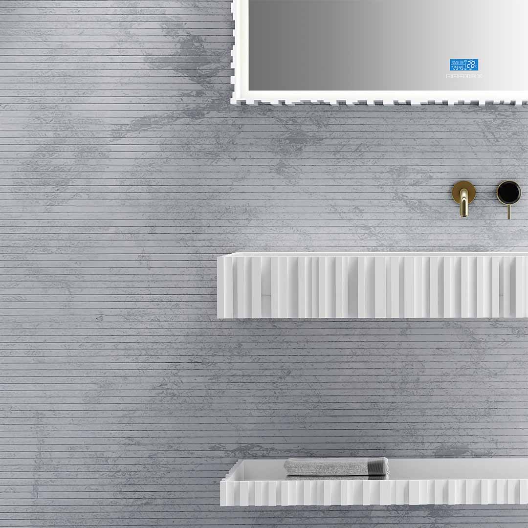 Set mobilier cu lavoar pe perete, raft si oglinda, din compozit, 120 cm, alb mat, cu riflaje, MonBlari