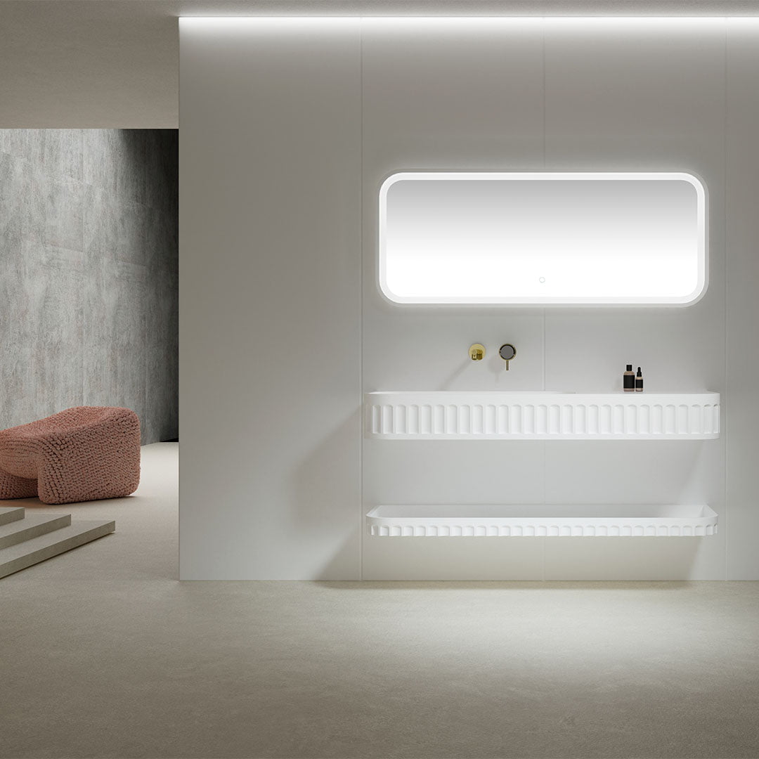 Set mobilier cu lavoar pe perete, raft si oglinda, din compozit, 90 cm, alb, finisaj mat, cu margini rotunjite, MonBlari