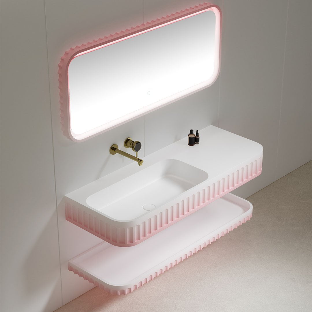 Set mobilier cu lavoar pe perete, raft si oglinda, din compozit, 90 cm, alb, finisaj mat, cu margini rotunjite, MonBlari