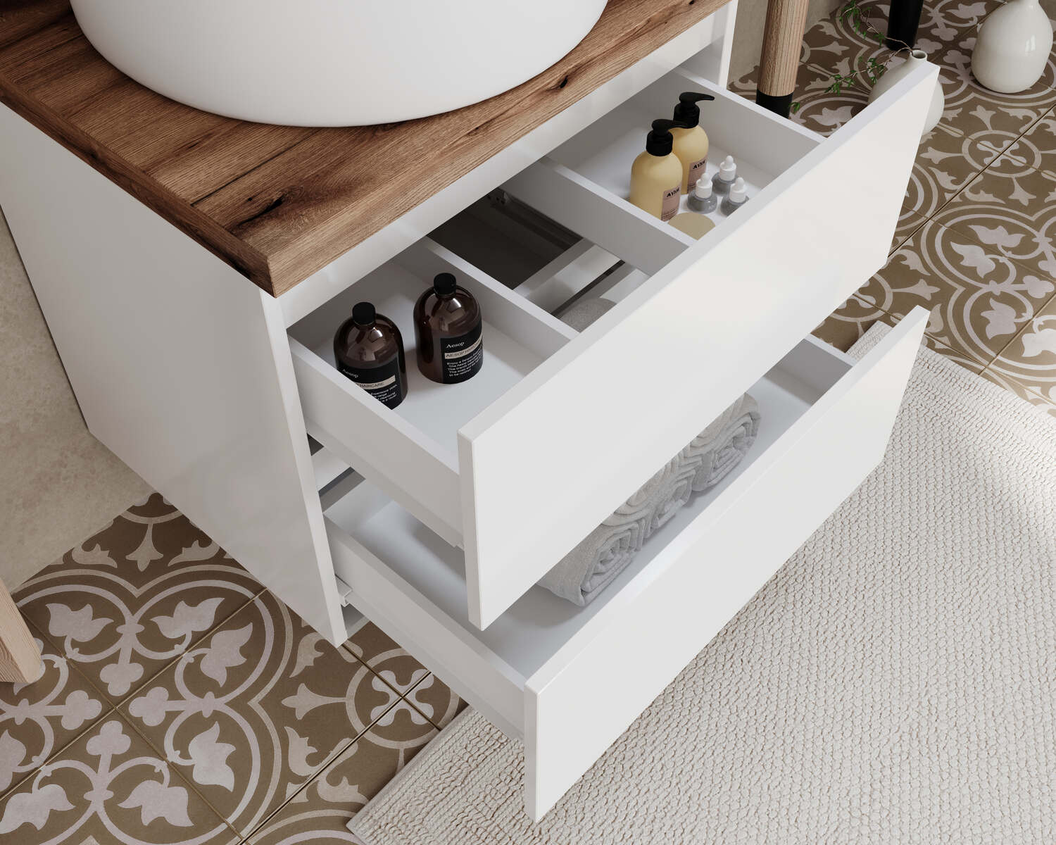Set mobilier de baie cu blat, oglindă cu LED și lampă SaviniDue, lățime de 60 cm, alb lucios cu blat imitație lemn