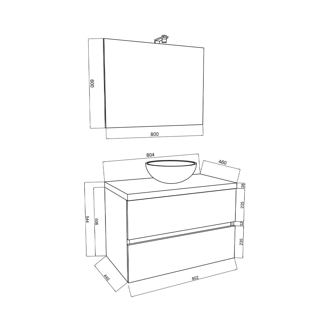 Set mobilier de baie cu blat, oglindă cu LED și lampă SaviniDue, lățime de 80 cm, alb lucios și blat imitație lemn