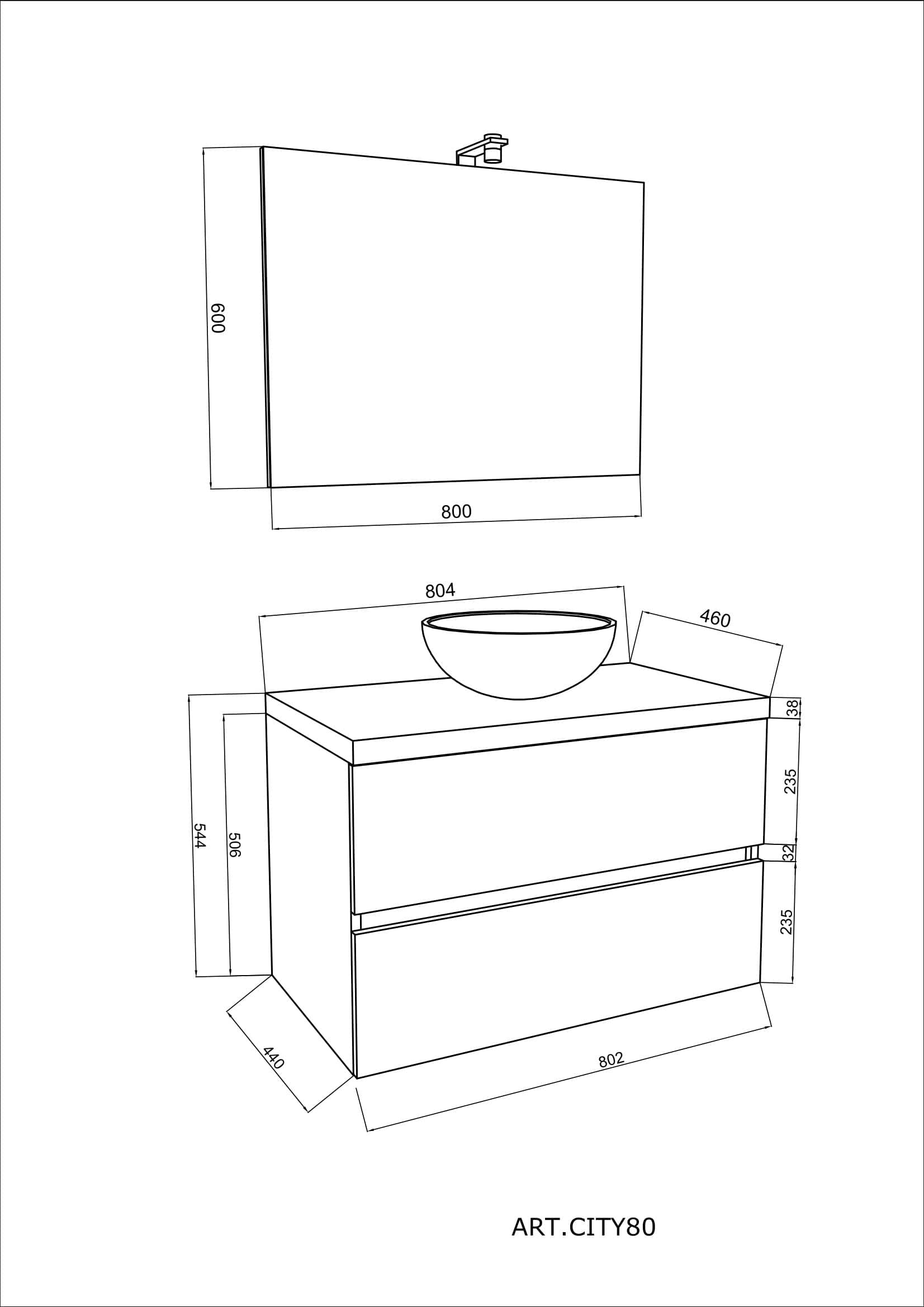 Set mobilier de baie cu blat, oglindă cu LED și lampă SaviniDue, lățime de 80 cm, alb lucios și blat imitație piatră