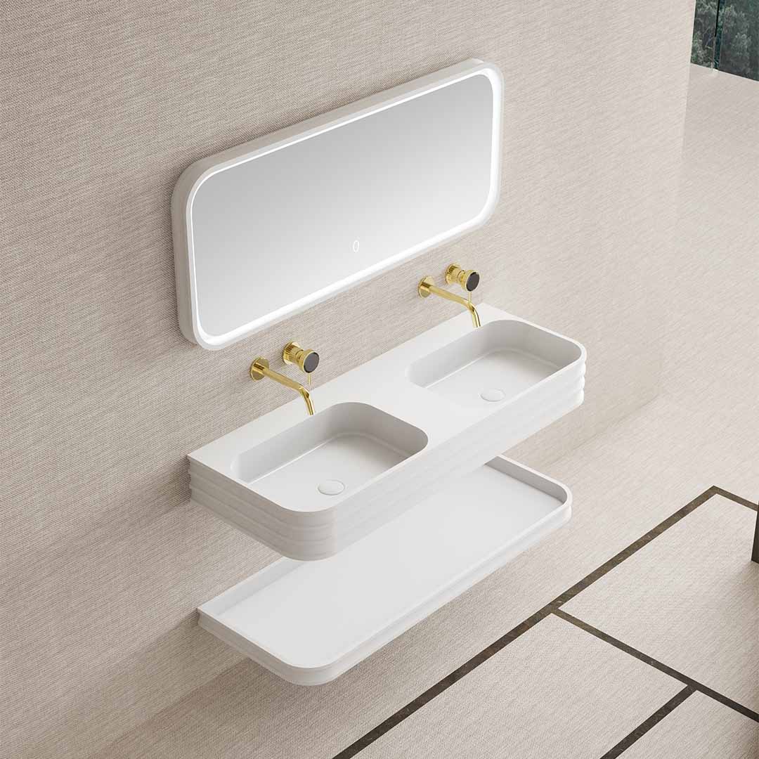 Set mobilier de baie cu lavoar dublu, raft si oglinda, 120 cm, colturi rotunjite, din compozit, alb, MonBlari