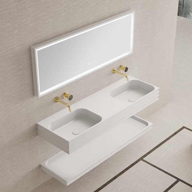 Set mobilier de baie cu lavoar dublu, raft si oglinda, 120 cm, din compozit, alb, MonBlari