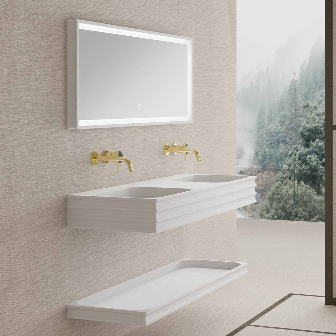 Set mobilier de baie cu lavoar dublu, raft si oglinda, 120 cm, din compozit, alb, MonBlari