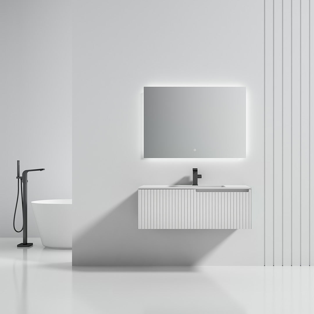 Set mobilier de baie cu lavoar incastrat si oglinda LED, 100 cm, din compozit si MDF, alb mat, MonBlari