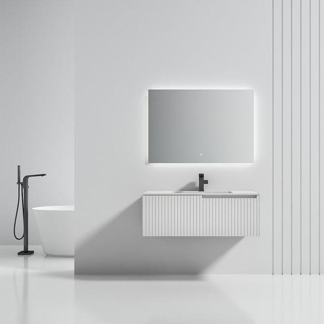 Set mobilier de baie cu lavoar incastrat si oglinda LED, 100 cm, din compozit si MDF, alb mat, MonBlari