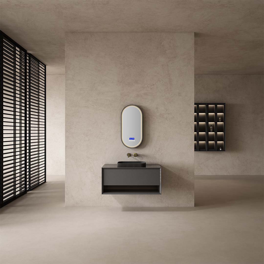 Set mobilier de baie cu lavoar pe blat si oglinda, 80 cm, fibra de carbon, negru, Monblari