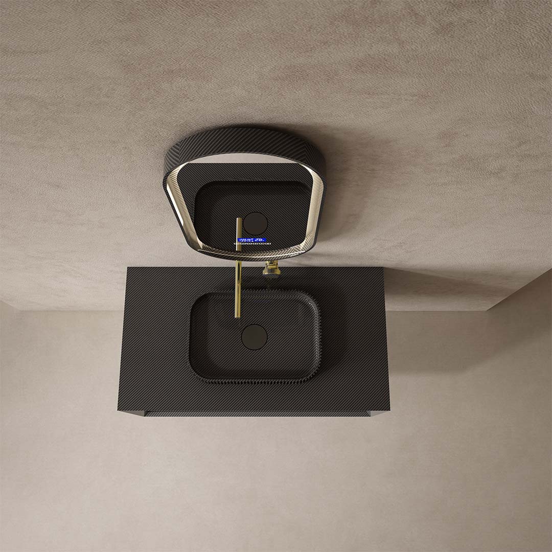 Set mobilier de baie cu lavoar pe blat si oglinda, 80 cm, fibra de carbon, negru, Monblari