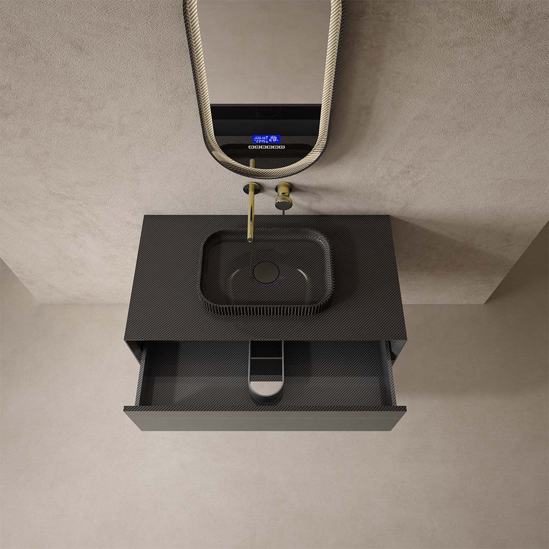 Set mobilier de baie cu lavoar pe blat si oglinda, 80 cm, fibra de carbon, negru, Monblari